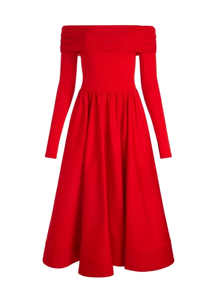 Women Alice Olivia Dresses Chara Flared Midi Dress Bright Ruby