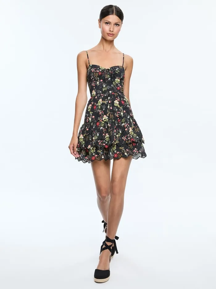 Women Alice Olivia Dresses Daisy Tie Front Tiered Ruffle Mini Dress Blush Kiss Black