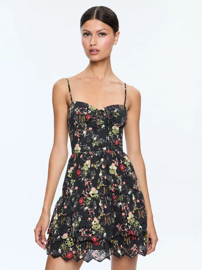 Women Alice Olivia Dresses Daisy Tie Front Tiered Ruffle Mini Dress Blush Kiss Black