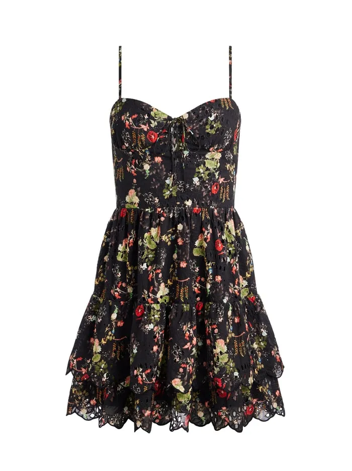 Women Alice Olivia Dresses Daisy Tie Front Tiered Ruffle Mini Dress Blush Kiss Black
