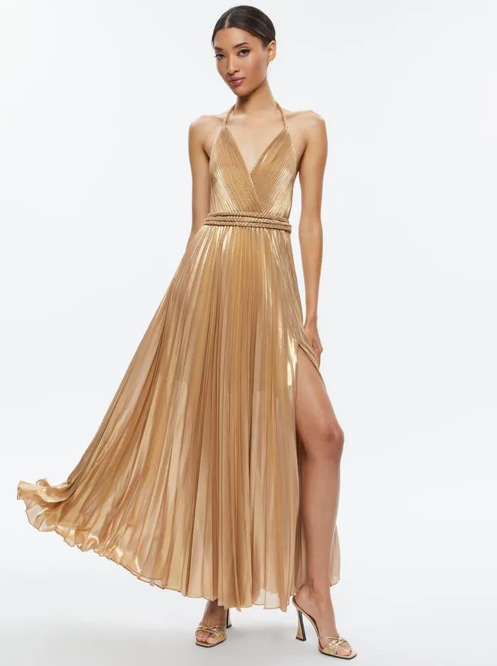 Women Alice Olivia Dresses Tresa Pleated Maxi Dress With Slit Gold