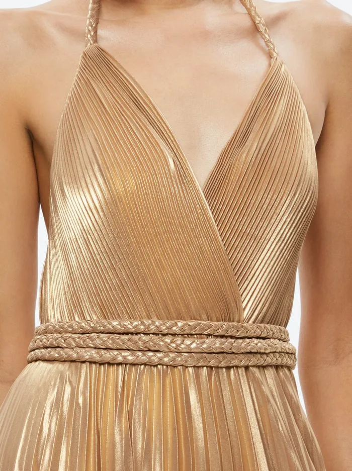 Women Alice Olivia Dresses Tresa Pleated Maxi Dress With Slit Gold