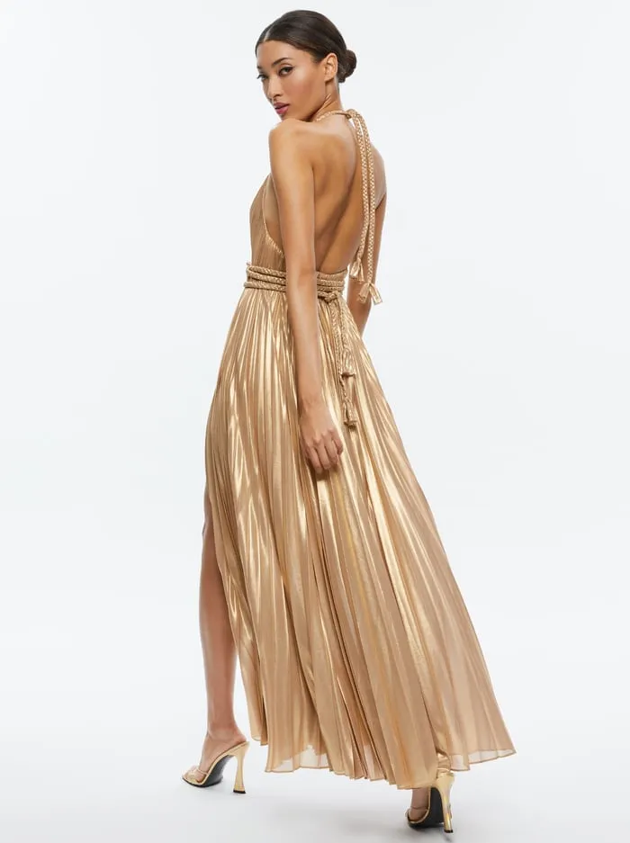 Women Alice Olivia Dresses Tresa Pleated Maxi Dress With Slit Gold