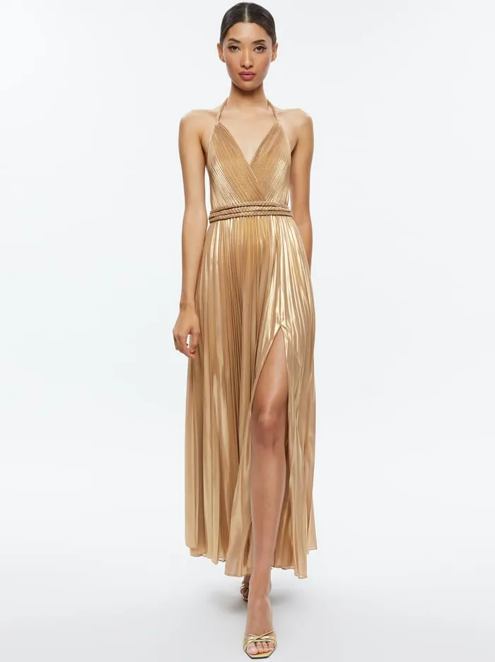 Women Alice Olivia Dresses Tresa Pleated Maxi Dress With Slit Gold
