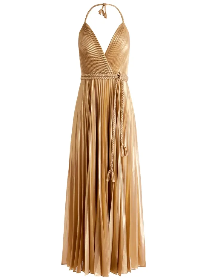 Women Alice Olivia Dresses Tresa Pleated Maxi Dress With Slit Gold
