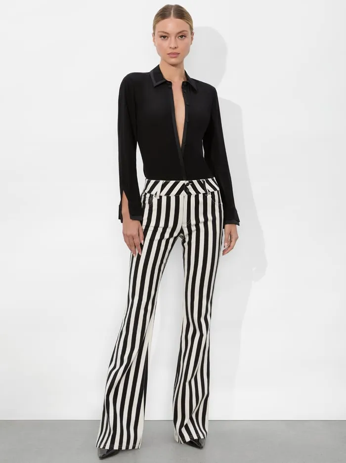 Women Alice Olivia Pants Stacey Low Rise Bell Jean Positano Stripe Black