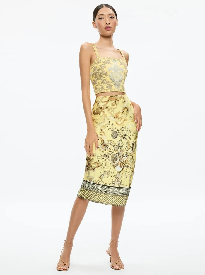 Women Alice Olivia Skirts Maeve Midi Slip Skirt With Slit Lisboa Lemon Meringue