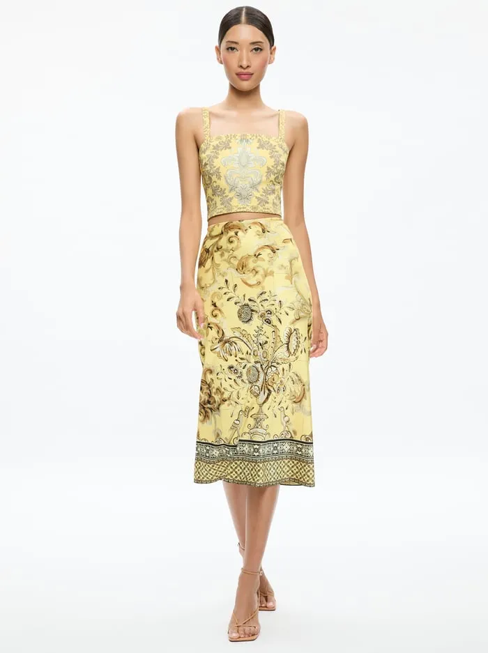 Women Alice Olivia Skirts Maeve Midi Slip Skirt With Slit Lisboa Lemon Meringue