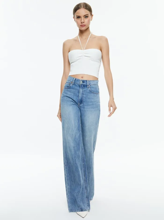Women Alice Olivia Tops Linnie Ruched Halter Soft White