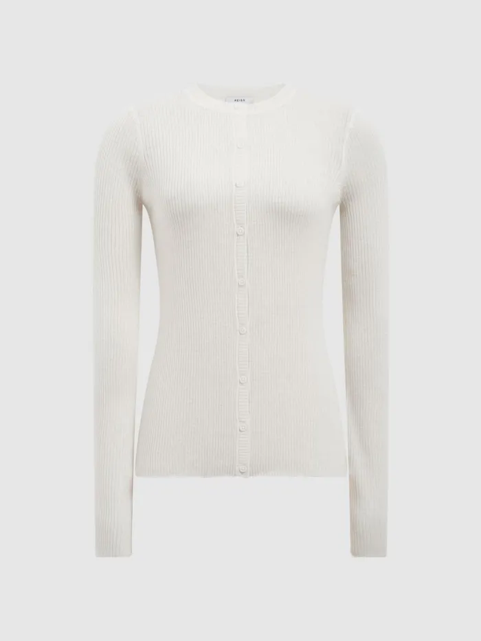 Women Arabella Silk Wool Blend Ribbed Cardigan Ivory Reiss Knitwear