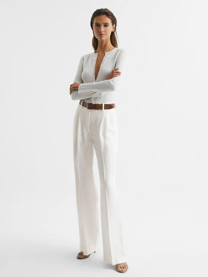 Women Arabella Silk Wool Blend Ribbed Cardigan Ivory Reiss Knitwear