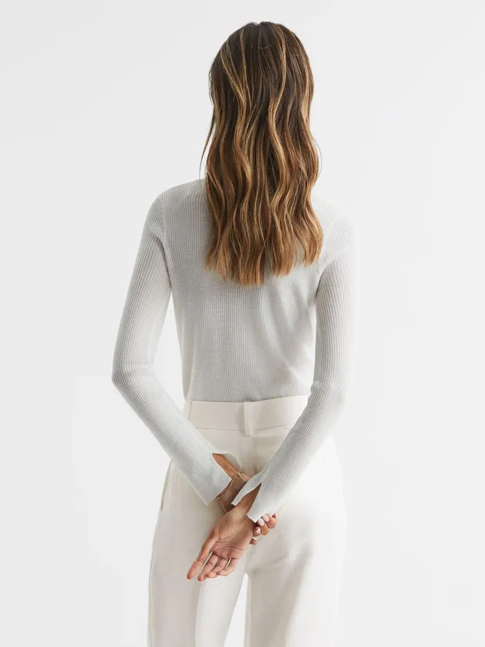 Women Arabella Silk Wool Blend Ribbed Cardigan Ivory Reiss Knitwear