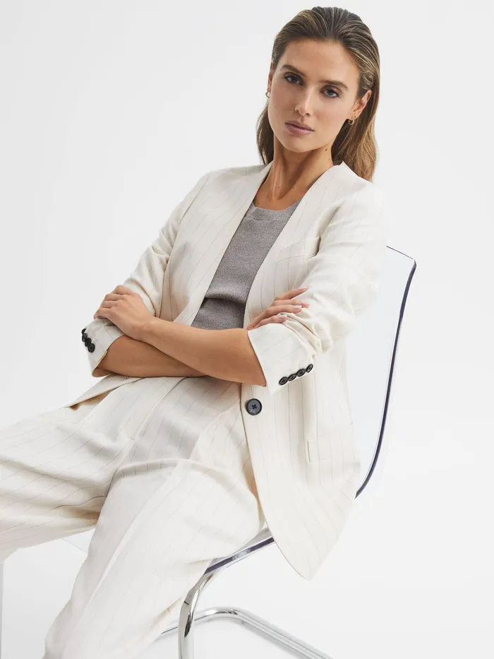 Women Arleth Collarless Pinstripe Blazer White Reiss Blazers
