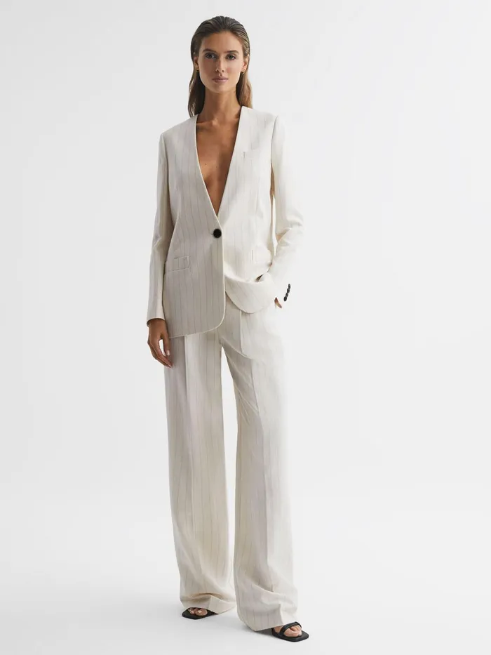 Women Arleth Collarless Pinstripe Blazer White Reiss Blazers