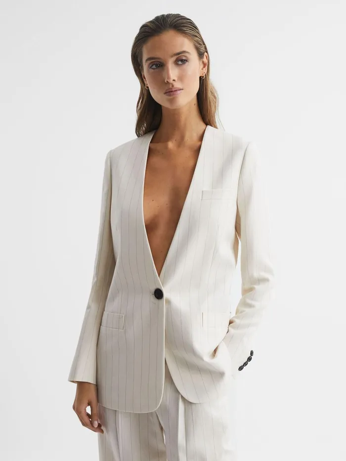 Women Arleth Collarless Pinstripe Blazer White Reiss Blazers