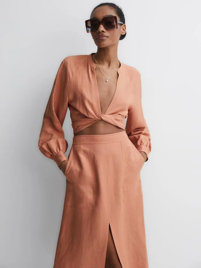 Women Axelle Tie Front Cropped Blouse Rust Reiss Tops