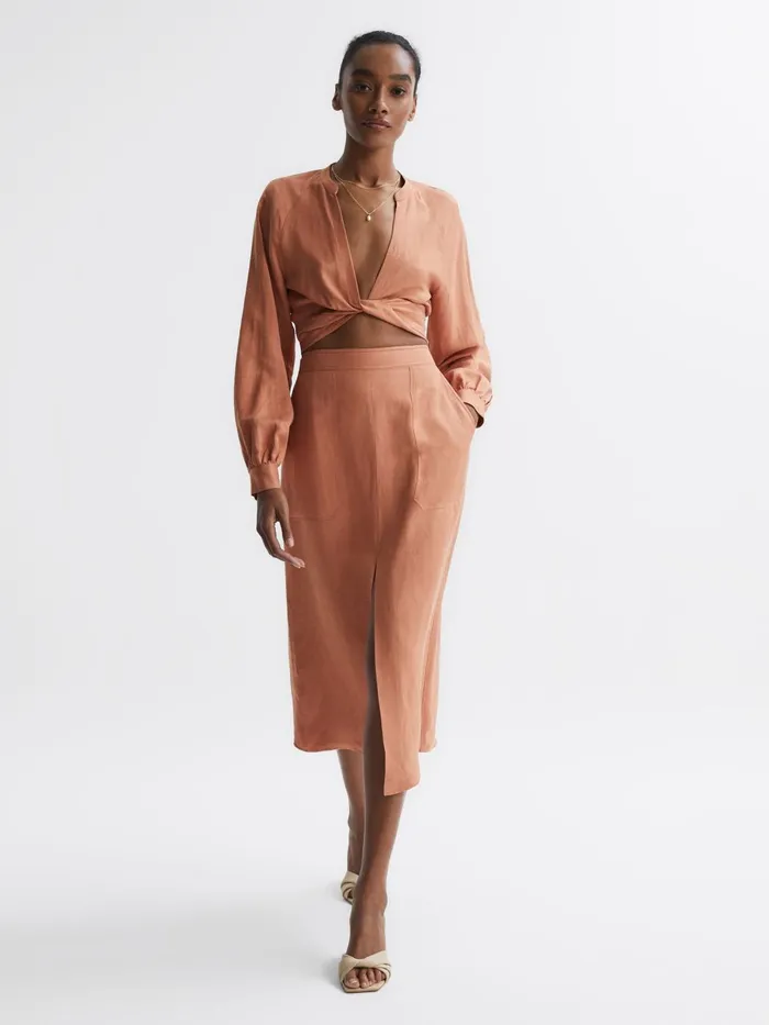 Women Axelle Tie Front Cropped Blouse Rust Reiss Tops