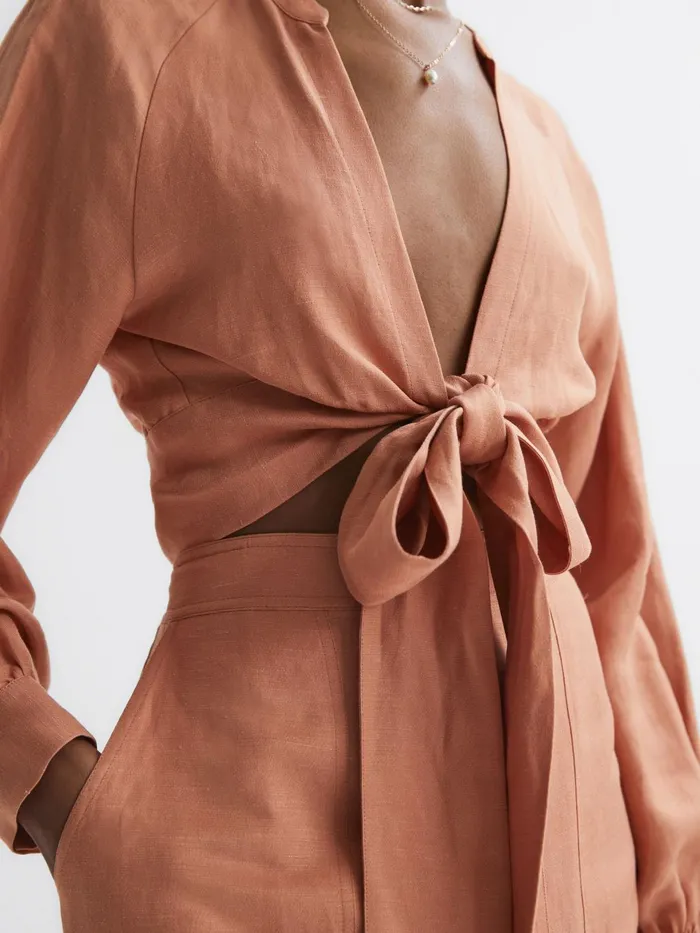 Women Axelle Tie Front Cropped Blouse Rust Reiss Tops