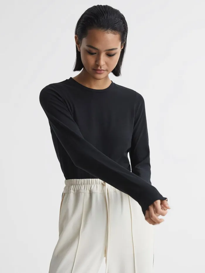 Women Bebe Long Sleeve Crew Neck Top Black Reiss Tops