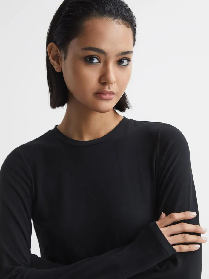 Women Bebe Long Sleeve Crew Neck Top Black Reiss Tops