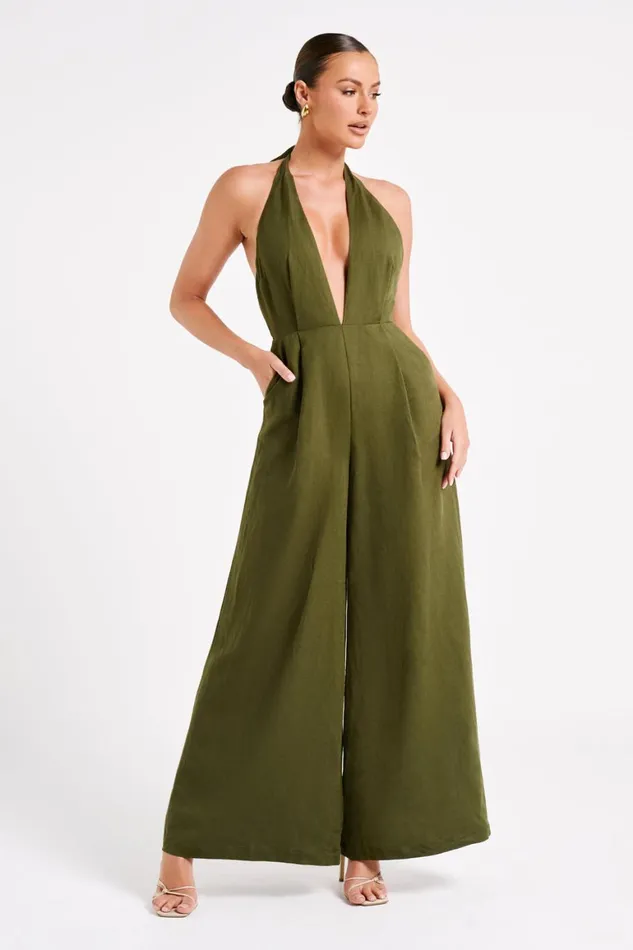 Women Blanca Linen Halter Jumpsuit 8211 Khaki Khaki Meshki Jumpsuits and Rompers