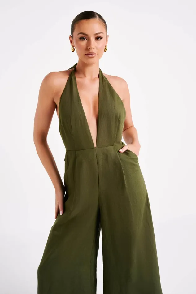 Women Blanca Linen Halter Jumpsuit 8211 Khaki Khaki Meshki Jumpsuits and Rompers Women Blanca Linen Halter Jumpsuit 8211 Khaki Khaki Meshki Jumpsuits and Rompers
