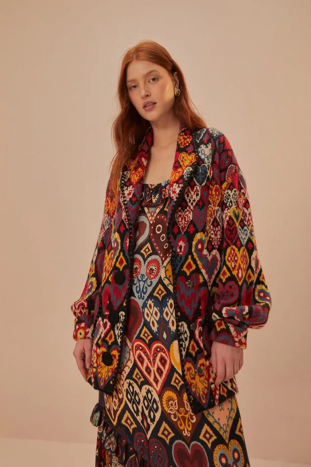 Women Blazers Farm Rio Hearts Ikat Knit Blazer