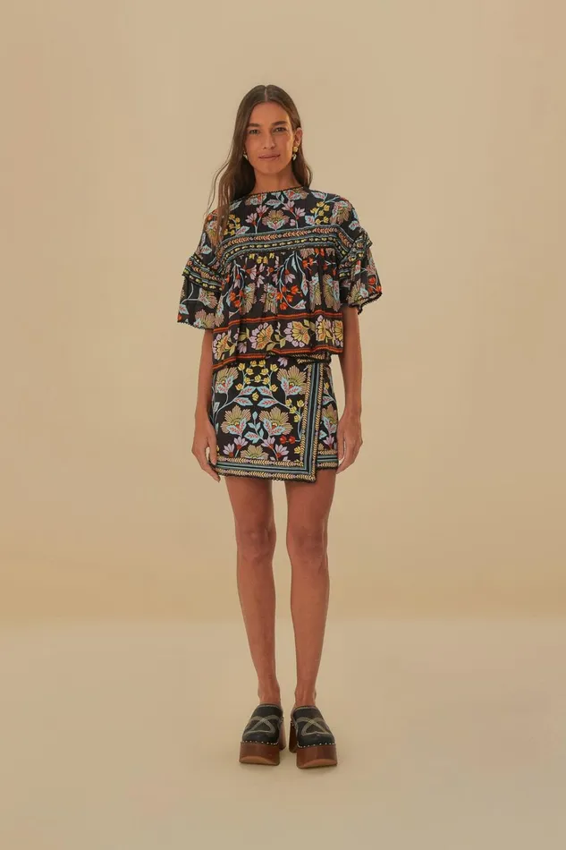 Women Blouses Farm Rio Black Flowery Ruffle Blouse