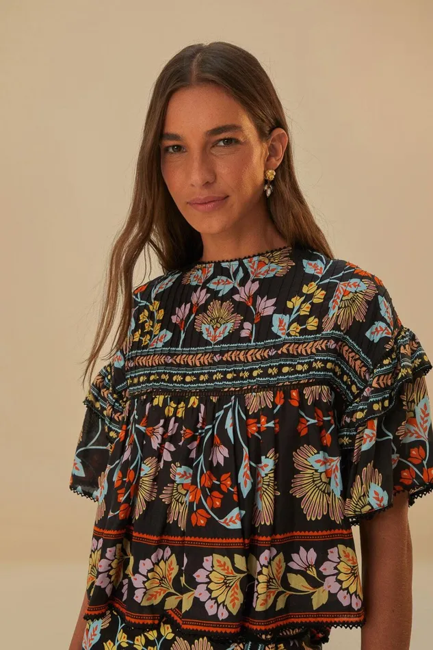 Women Blouses Farm Rio Black Flowery Ruffle Blouse