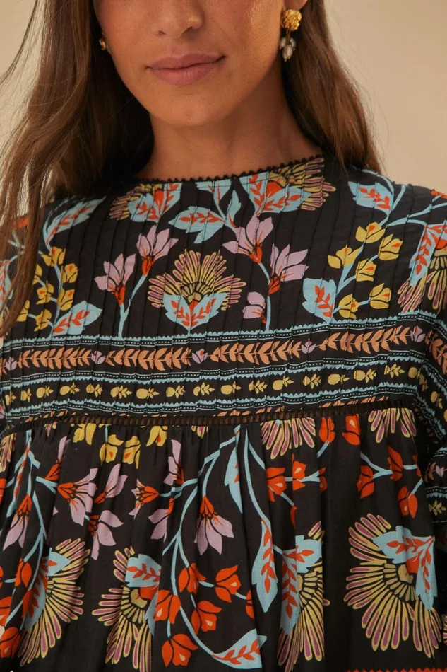 Women Blouses Farm Rio Black Flowery Ruffle Blouse