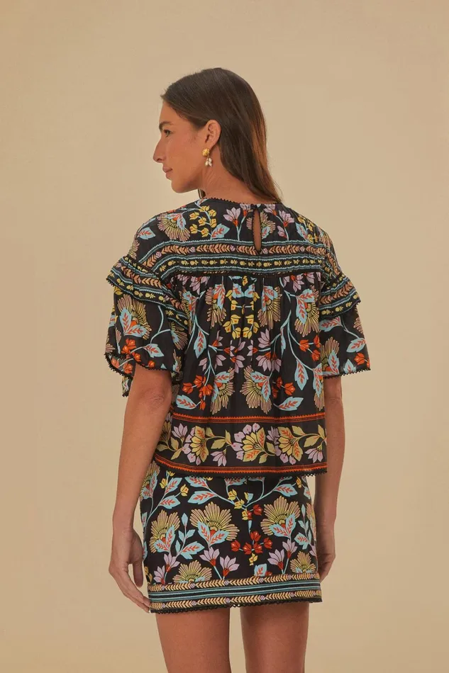 Women Blouses Farm Rio Black Flowery Ruffle Blouse