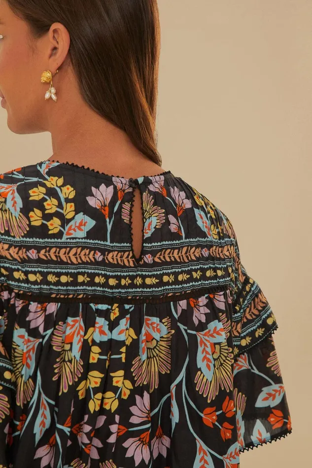 Women Blouses Farm Rio Black Flowery Ruffle Blouse