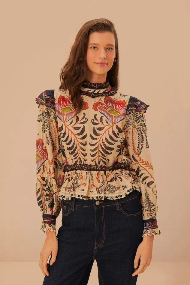Women Blouses Farm Rio Classic Nature Sand Ruffled Long Sleeve Blouse