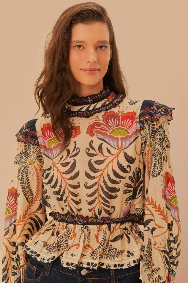 Women Blouses Farm Rio Classic Nature Sand Ruffled Long Sleeve Blouse