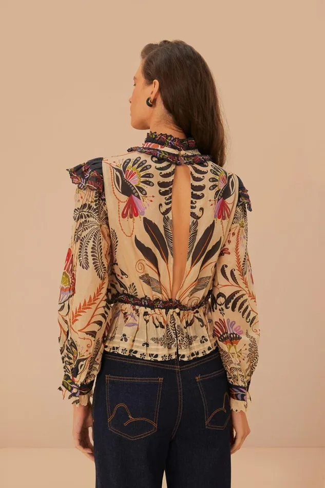 Women Blouses Farm Rio Classic Nature Sand Ruffled Long Sleeve Blouse