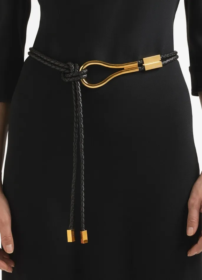 Women Braided Leather Metal Belt Polished Goldblack St John Belts