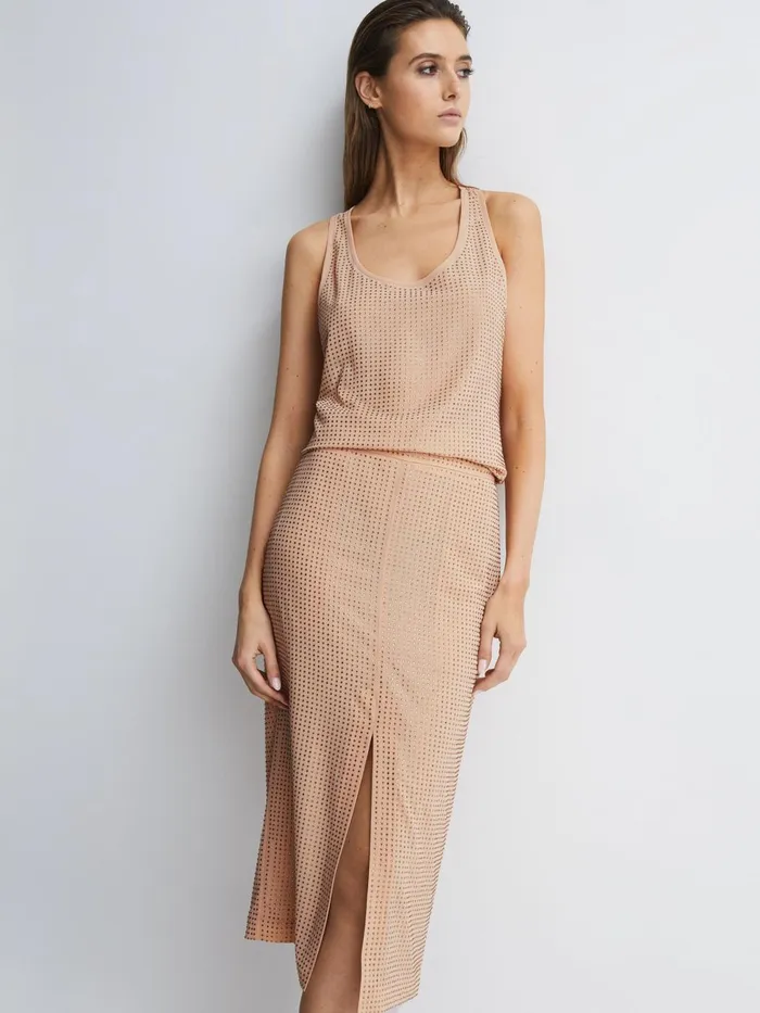 Women Brooklyn Embellished High Rise Midi Skirt Nude Reiss Skirts