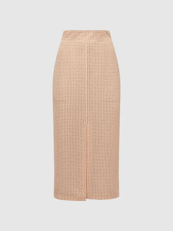 Women Brooklyn Embellished High Rise Midi Skirt Nude Reiss Skirts