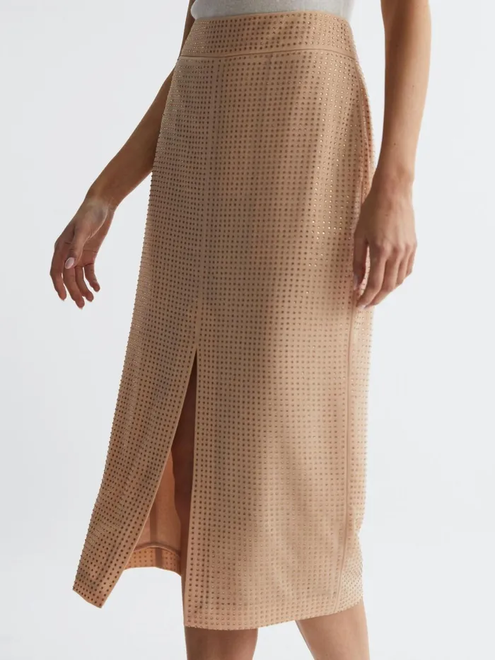 Women Brooklyn Embellished High Rise Midi Skirt Nude Reiss Skirts