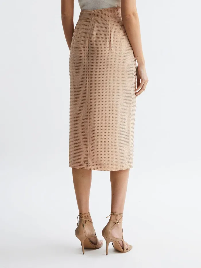 Women Brooklyn Embellished High Rise Midi Skirt Nude Reiss Skirts