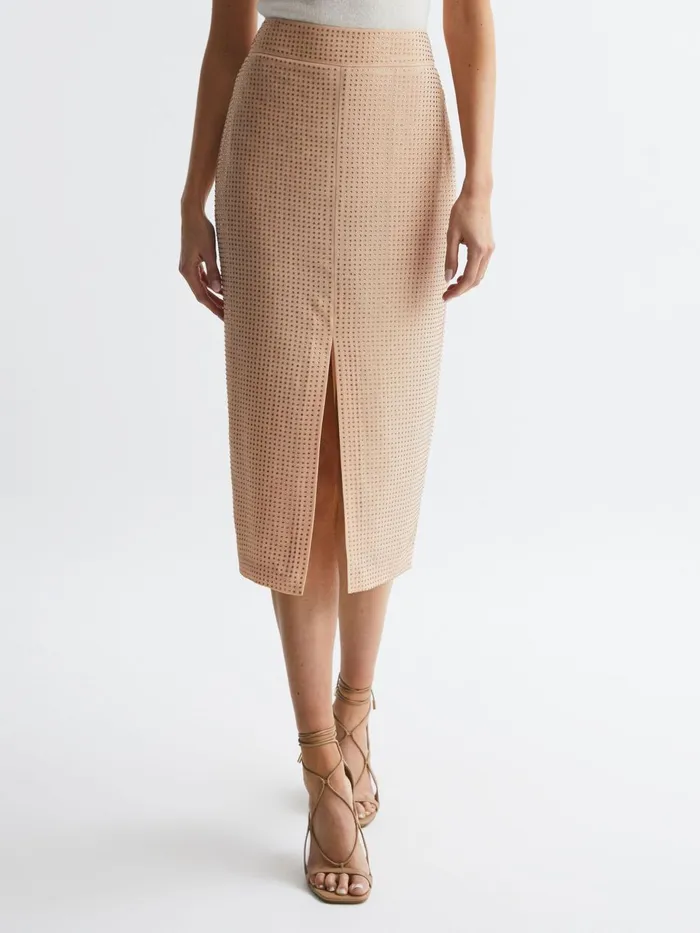 Women Brooklyn Embellished High Rise Midi Skirt Nude Reiss Skirts