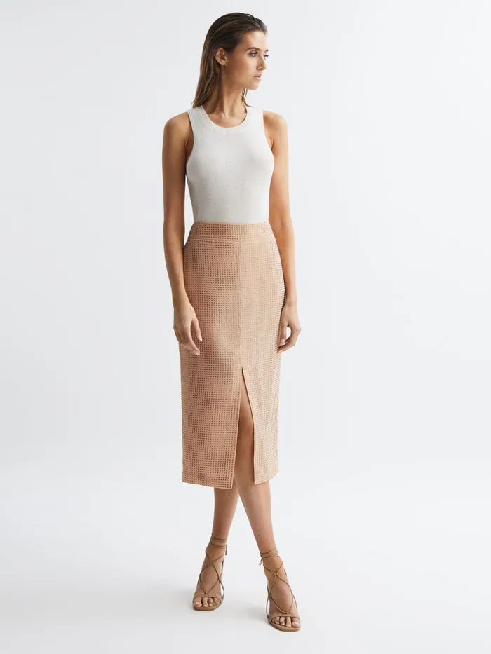 Women Brooklyn Embellished High Rise Midi Skirt Nude Reiss Skirts