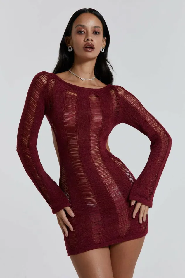 Women Burgundy Umbra Mini Dress Red Jaded London Knitwear