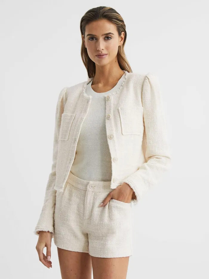Women Cambridge Paige Frayed Textured Jacket Cream Reiss Coats and Jackets