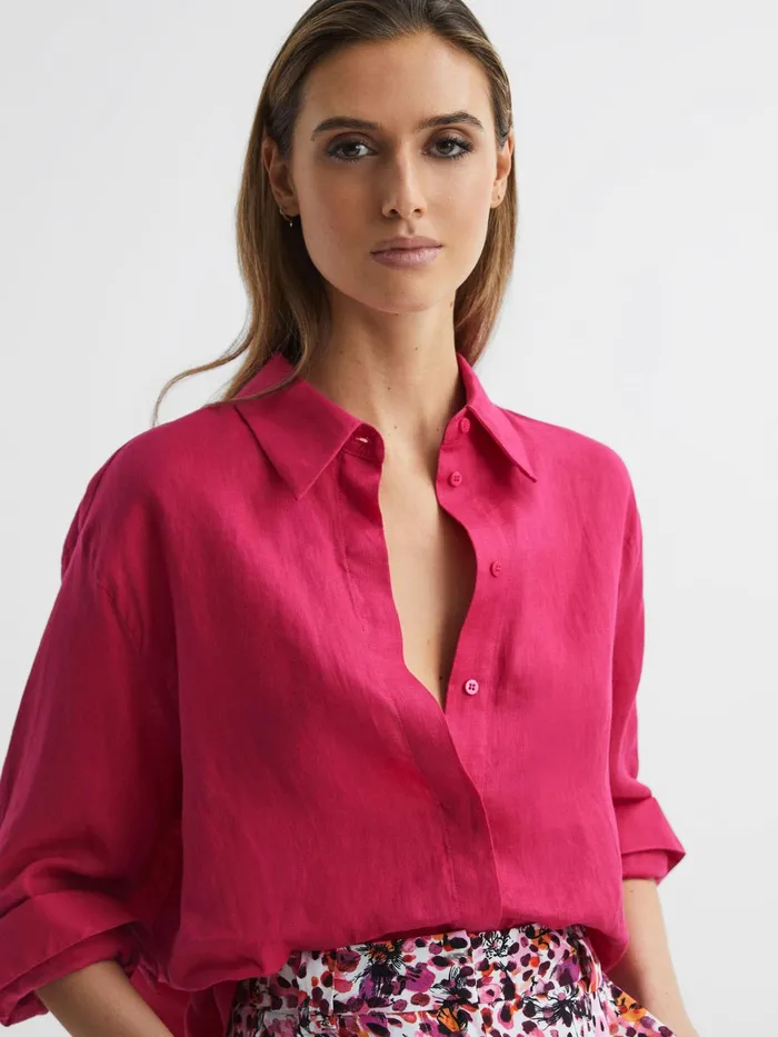 Women Cammie Oversized Linen Shirt Fuschia Reiss Tops
