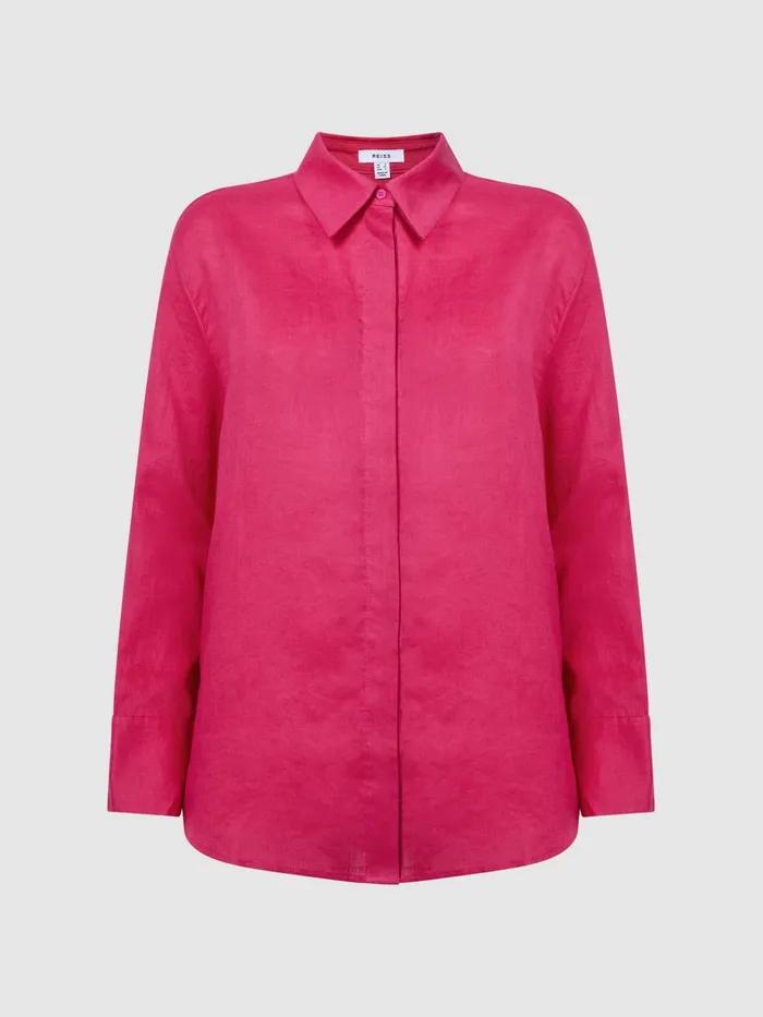 Women Cammie Oversized Linen Shirt Fuschia Reiss Tops