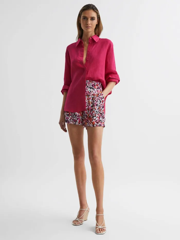 Women Cammie Oversized Linen Shirt Fuschia Reiss Tops