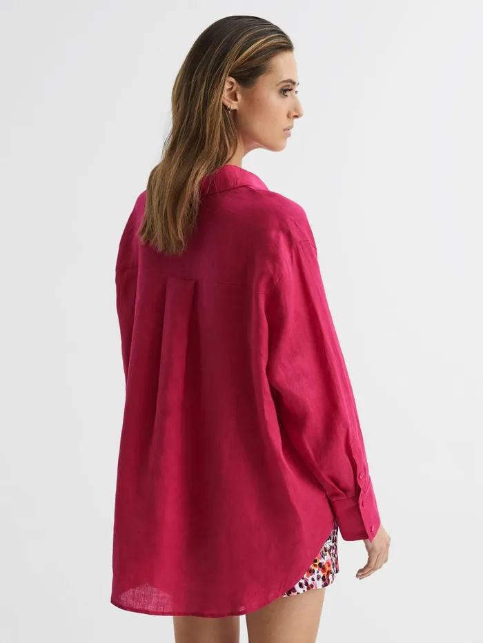 Women Cammie Oversized Linen Shirt Fuschia Reiss Tops