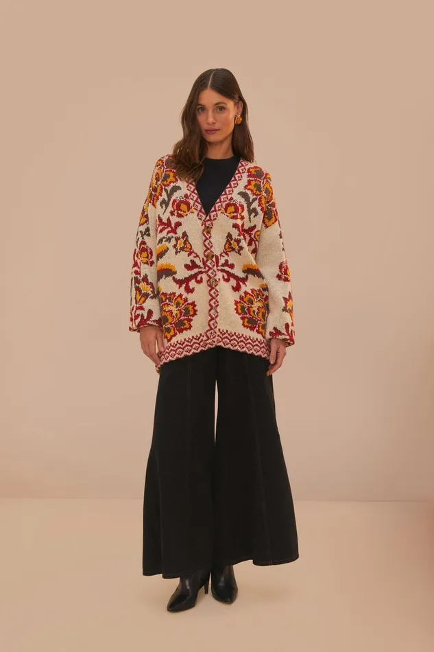 Women Cardigans Farm Rio Cream Toucans Scarf Knit Cardigan