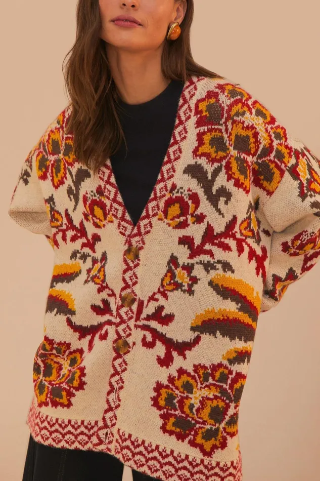 Women Cardigans Farm Rio Cream Toucans Scarf Knit Cardigan